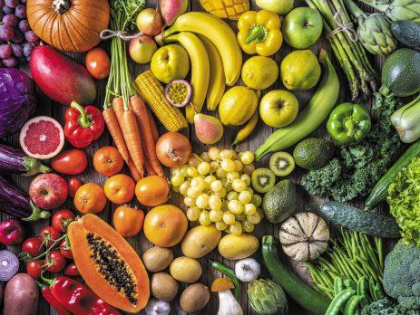 Raw vegetables and fruits organized by color. Lots of variety.